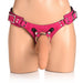 Pink leather adjustable corset harness with metal O-ring displayed on mannequin hips.
