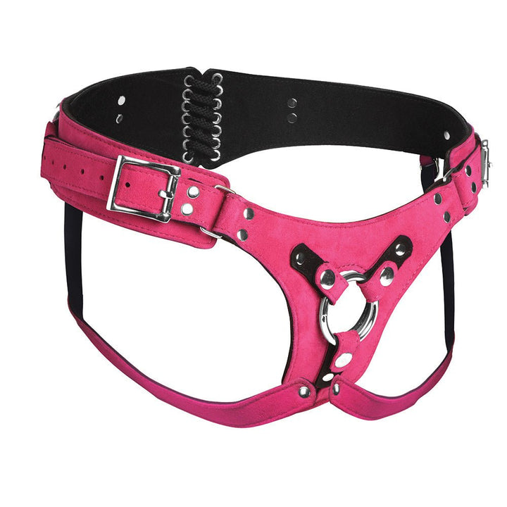 Pink deluxe leather corset harness with adjustable straps, metal buckles, and central metal O-ring detail.