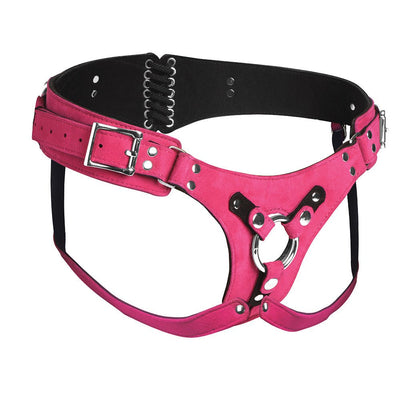 Pink deluxe leather corset harness with adjustable straps, metal buckles, and central metal O-ring detail.