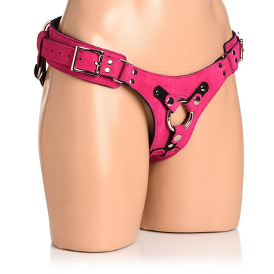 Pink deluxe leather corset harness with adjustable straps and metal O-ring displayed on a mannequin torso.