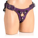 Purple leather corset harness with adjustable straps and metal O-ring detail on mannequin hips.