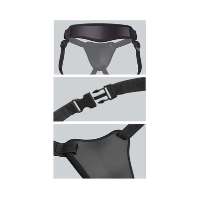 Black adjustable Body Dock Elite strap-on harness with padded back support and quick-release buckle close-up details.