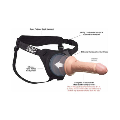 Body Dock Elite strap-on harness with padded back support, adjustable nylon straps, and silicone suction dock for most suction cup attachments.