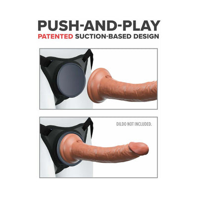 Body Dock Elite strap-on harness with patented suction-based docking plate shown with and without compatible dildo attachment.