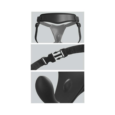 Close-up views of the Body Dock G-Spot Pro strap-on harness showing padded waist support, adjustable buckle, and silicone G-spot vibrating plate.