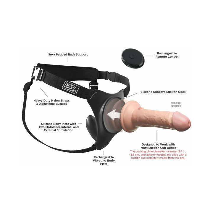 Body Dock G-Spot Pro strap-on harness with padded back support, adjustable nylon straps, vibrating silicone body plate, and remote control.