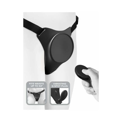 Black Body Dock G-Spot Pro strap-on harness with adjustable straps and vibrating G-spot plug, shown with remote control.