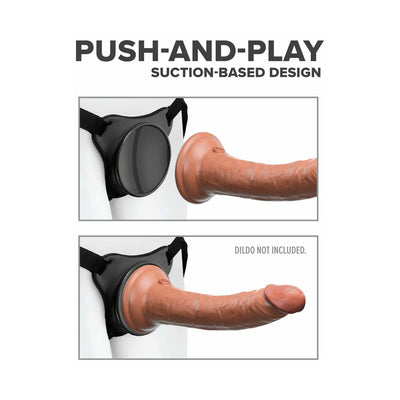 Body Dock Original harness with suction-based docking plate shown attaching a dildo, demonstrating push-and-play design.