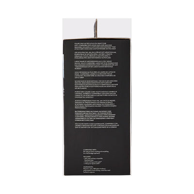 Black product packaging box for Sportsheets Bondage Bed Sheet Set with multilingual product information and compatibility details.