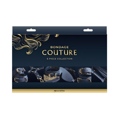 Bondage Couture 6-piece blue BDSM kit packaging showing cuffs, collar with leash, blindfold, and whip details