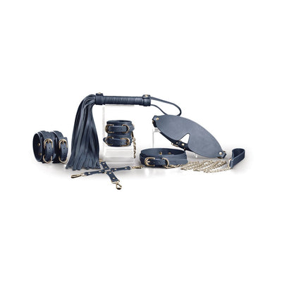 Blue six-piece bondage kit with cuffs, collar and leash, blindfold, hog-tie, and whip on white background.