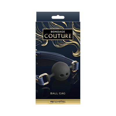 Bondage Couture ball gag with black silicone ball and navy blue adjustable strap in elegant packaging with gold accents.