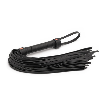 Black synthetic leather flogger with wrapped handle and wrist loop, featuring multiple flat tails for bondage play.