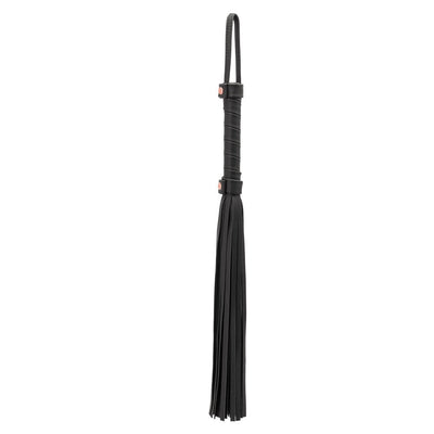 Black synthetic leather flogger with wrapped handle and wrist loop, featuring multiple long thin tails.