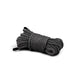 Coiled black synthetic bondage rope with a smooth, twisted texture, designed for comfort and durability.