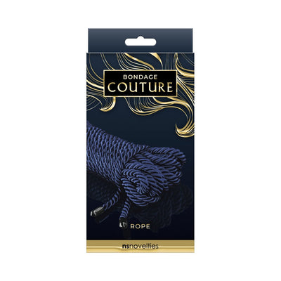 Blue synthetic bondage rope with black metal tips in elegant black and gold Bondage Couture packaging.