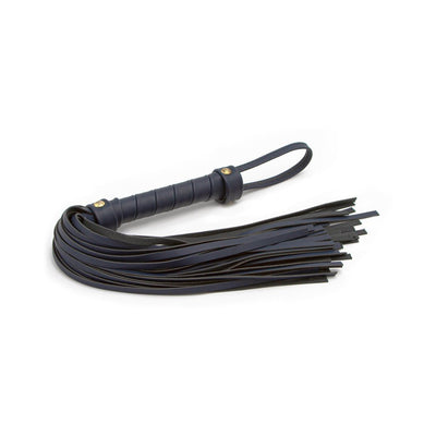 Blue vinyl flogger with wrapped handle and multiple soft tails, designed for stylish bondage play.