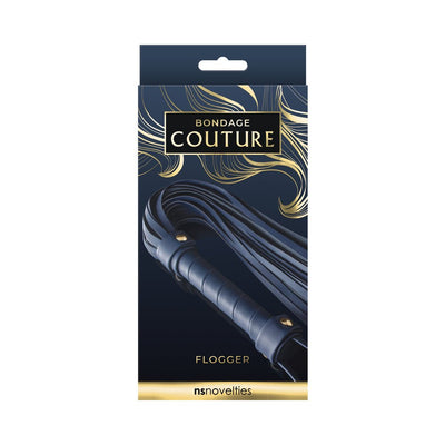 Blue vinyl flogger with wrapped handle and multiple tails, displayed in elegant black and gold Bondage Couture packaging.