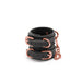 Black synthetic wrist cuffs with rose gold buckles and chain detail, designed for comfort and style.