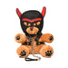 Plush light peach teddy bear wearing a black and red puppy mask and faux leather harness with metal chain leash.