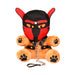 Peach plush bear wearing a black and red puppy mask and faux leather harness with metal chain leash accessory.