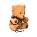 Light peach plush teddy bear wearing black faux leather harness with metal chain leash and paw prints on feet and hands.