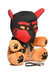 Light peach plush bear wearing a black and red puppy mask and faux leather harness with metal chain leash accessory.