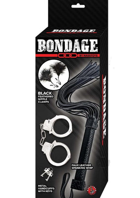 Bondage kit featuring black feathered nipple clamps, metal handcuffs with keys, and a faux leather spanking whip in black packaging.