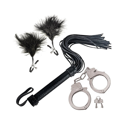 Black faux leather flogger, metal handcuffs with keys, and black feather nipple clamps on white background.