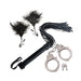 Black faux leather flogger, metal handcuffs with keys, and black feather nipple clamps on white background.