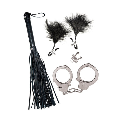Bondage set with black faux leather whip, metal handcuffs with keys, and black feather-tipped nipple clamps on white background.