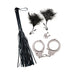 Bondage set with black faux leather whip, metal handcuffs with keys, and black feather-tipped nipple clamps on white background.