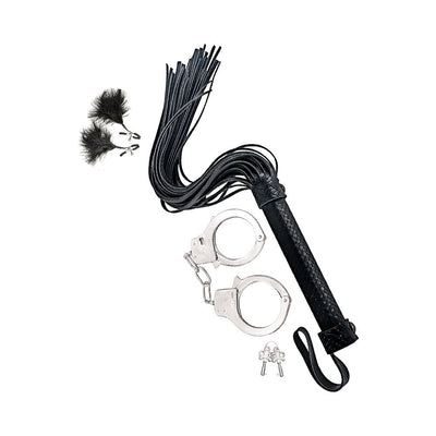 Black faux leather flogger whip, metal handcuffs with keys, and black feathered nipple clamps on white background.