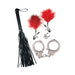 Bondage kit featuring black faux leather whip, metal handcuffs with keys, and red feather-adorned nipple clamps on white background.