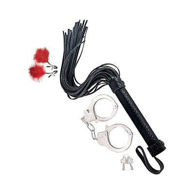 Bondage kit featuring black faux leather flogger, silver metal handcuffs with keys, and red feather-tipped nipple clamps.