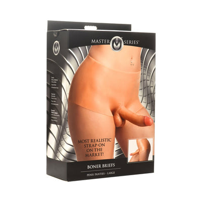 Packaging of Boner Briefs silicone penis panties showing realistic strap-on design in large size on a model's hips.
