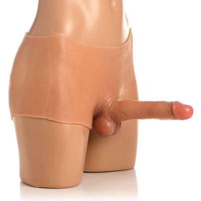 Light silicone brief with realistic poseable dildo and scrotum detail on a mannequin torso.