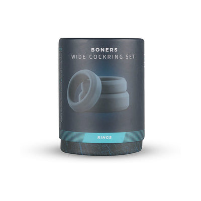 Packaging of Boners 3-piece wide cock ring set in dark blue container with product image and label.