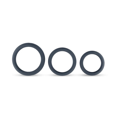 Set of three black stretchable cock rings in small, medium, and large sizes displayed on a white background.