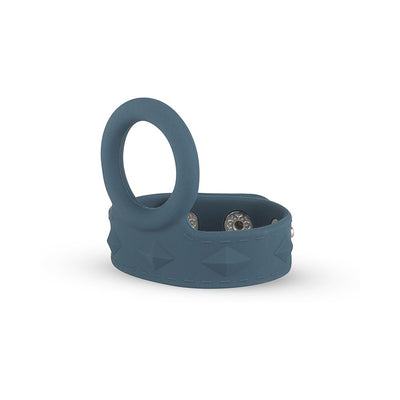 Blue silicone cock and ball strap with adjustable metal snap closures and textured diamond pattern.