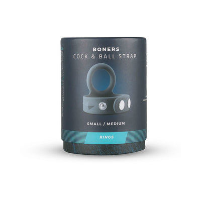 Packaging of Boners Cock and Ball Strap in small/medium size with product image on a dark background.