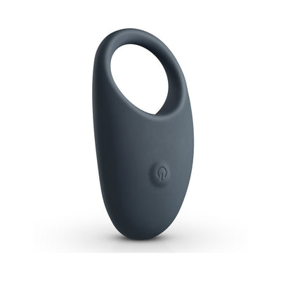 Sleek dark gray vibrating cock ring with smooth silicone finish and single power button on front.