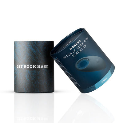 Packaging of Boners Premium Vibrating Cock Ring with dark blue cylindrical containers, one labeled Get Rock Hard.