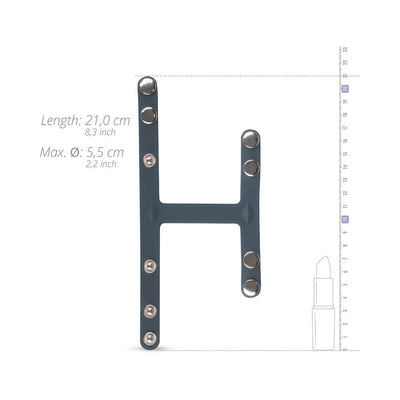Black T-shaped adjustable ball splitter with metal snap buttons, shown with size measurements and a lipstick for scale.