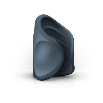 Dark gray ergonomic vibrating handjob masturbator with open design and textured interior.