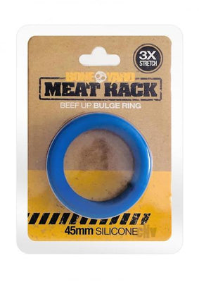 Blue 45mm silicone Boneyard Meat Rack cock ring in retail packaging with 3X stretch feature.