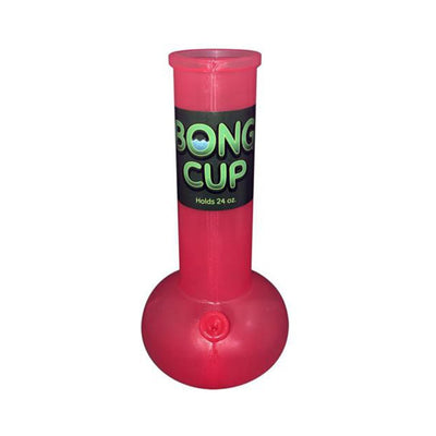 Red 24 oz novelty Bong Cup drink holder with black label for party beverages.