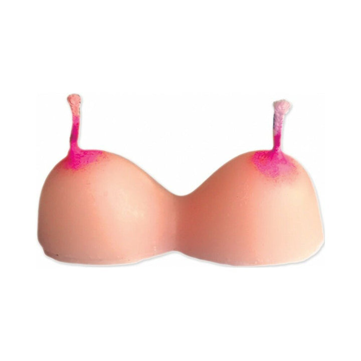 Set of two light pink novelty candles shaped like a playful bra with pink-tipped wicks for party decoration.