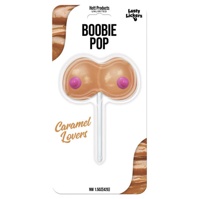 Caramel-flavored Boobie Pop candy on a stick in playful packaging for caramel lovers.