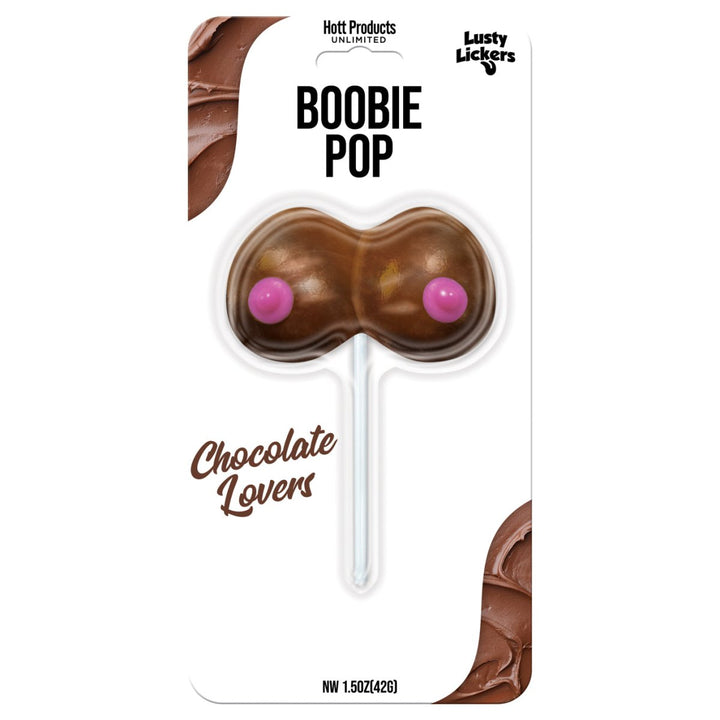 Chocolate-flavored boobie-shaped lollipop with pink accents on a white card packaging labeled Boobie Pop Chocolate Lovers